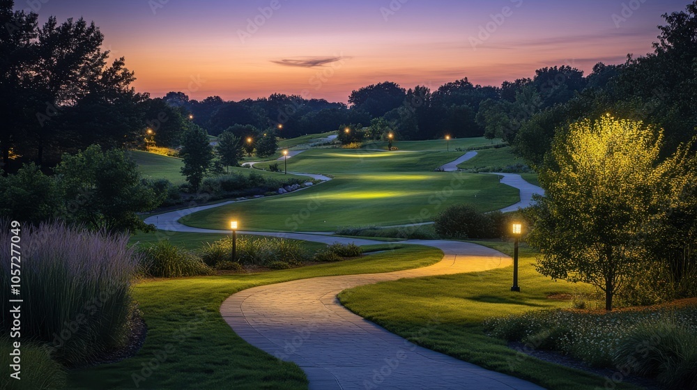 Golf course at twilight, with lights starting to illuminate the paths and greens Golf course at twilight, with lights starting to illuminate the paths and greens