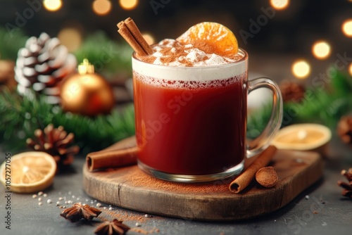 Warm Spiced Cider with Cinnamon Stick Capture the Cozy Festive Drink and Holiday Ambiance, Perfect for Celebrating with Family and Friends in a Magical Winter Wonderland