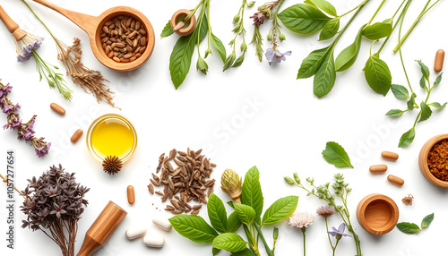 Wallpaper Mural Apothecary of natural wellness and self-care. Herbs and medicine on white background top view frame copy space isolated with white highlights, png Torontodigital.ca
