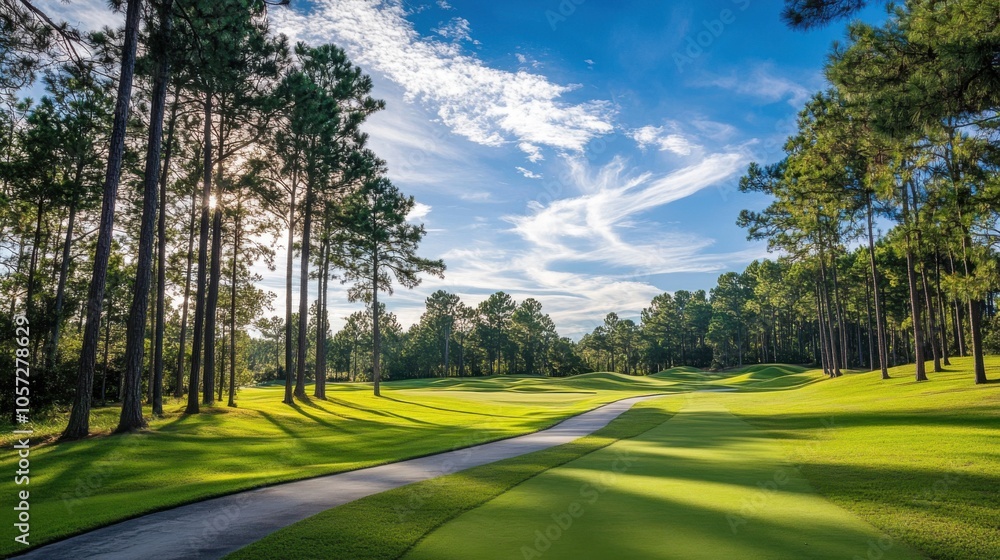 Golf course pathways winding through tall trees, under a brilliant blue sky Golf course pathways winding through tall trees, under a brilliant blue sky