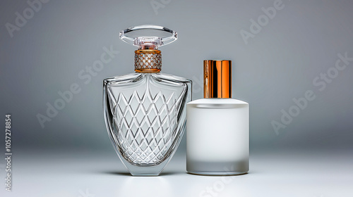 Elegant luxury perfume bottles adorned with intricate  detailing. Sophisticated fragrance packaging showcasing timeless beauty and refined opulence Brainstorming Advertising Marketing photo