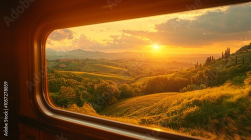 Sunrise View from Luxury Train Window Over Serene Landscape