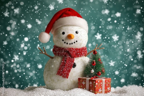 Cheerful snowman with christmas presents