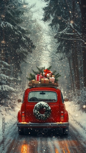 Festive vintage car travels snowy path