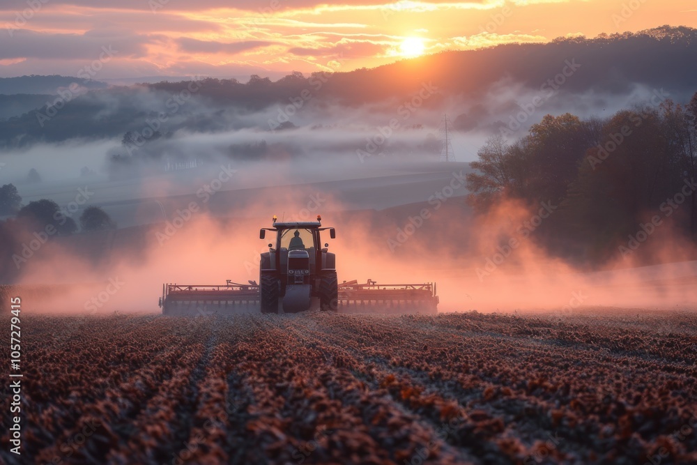 Combine harvester plowing field at sunrise, with golden light illuminating rising from the soil Combine harvester plowing field at sunrise, with golden light illuminating rising from the soil