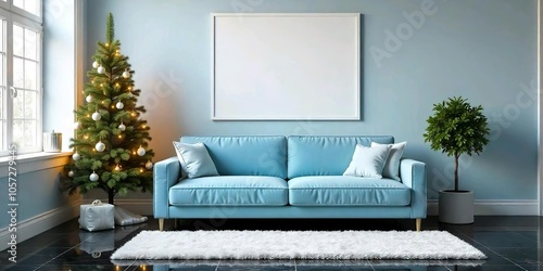 A modern living room with a sky blue tufted sofa, christmas tree, a white shag rug, and a blank white frame on the wall, Black marble floor with gold