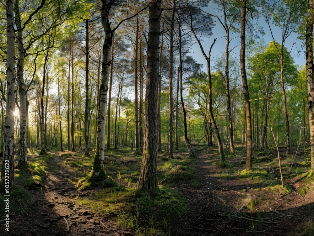 Obraz premium Sunlight Filtering Through a Dense Forest Canopy
