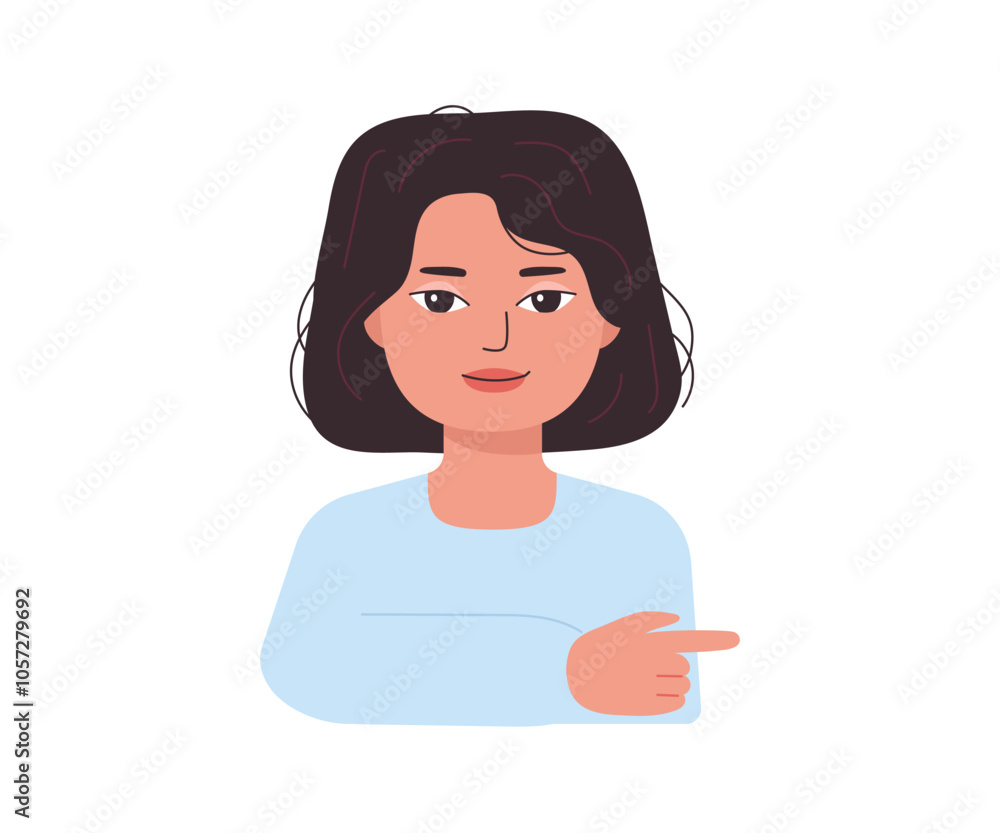 Girl points, directs and shows with her finger. Gesture to side. Indicate with hand. Character indicates attention. Vector flat isolated illustration Girl points, directs and shows with her finger. Gesture to side. Indicate with hand. Character indicates attention. Vector flat isolated illustration