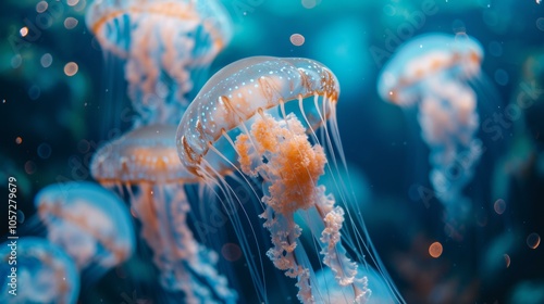 Lot of bioluminescent jellyfish floating gracefully in ocean, illuminating water with their vibrant colors, jellyfish showcasing mesmerizing beauty of marine life