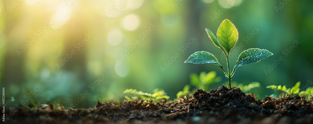 young plant sprouting from rich soil, illuminated by soft sunlight, symbolizing growth and renewal. scene evokes sense of hope and nature beauty young plant sprouting from rich soil, illuminated by soft sunlight, symbolizing growth and renewal. scene evokes sense of hope and nature beauty