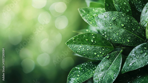 Wallpaper Mural Fresh green leaves with water droplets, showcasing nature beauty and vitality. blurred background enhances vibrant colors, creating serene and refreshing atmosphere Torontodigital.ca