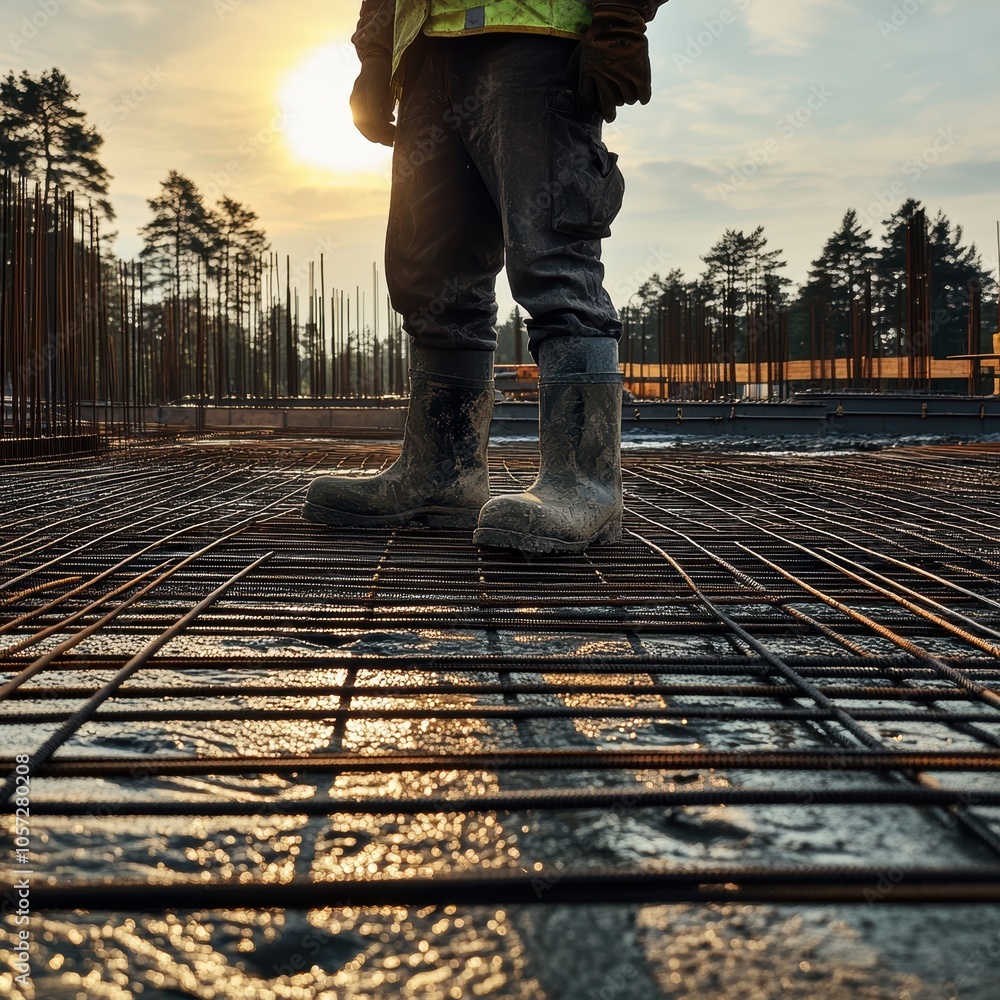 Male construction worker in safety gear stands amidst steel rebar at sunset. Male construction worker in safety gear stands amidst steel rebar at sunset.