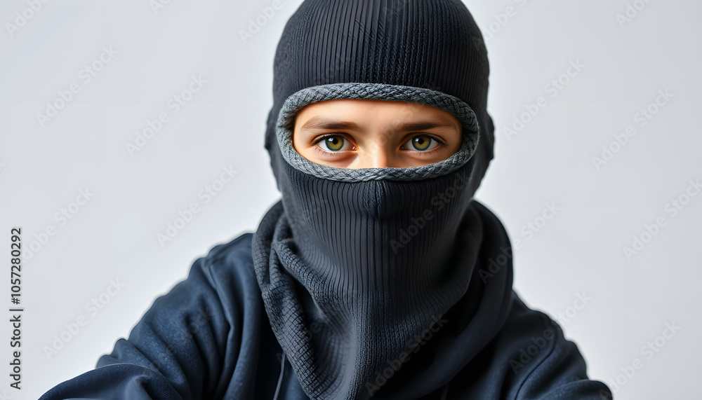 Boy with balaclava sitting while looking at the camera isolated with white highlights, png Boy with balaclava sitting while looking at the camera isolated with white highlights, png