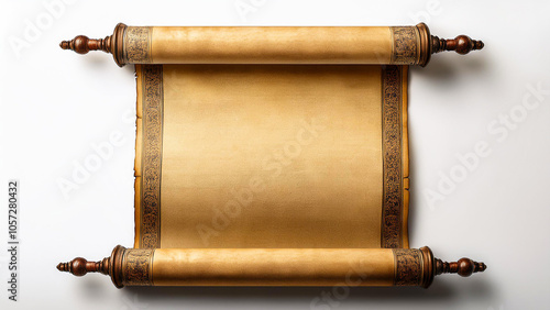 An ancient scroll in a vertical position, unrolled on a white background.