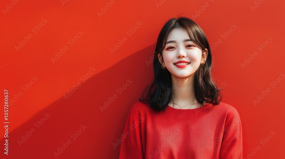 Half-body shot of a happy half-Korean girl in trendy clothes, directly engaging with the Half-body shot of a happy half-Korean girl in trendy clothes, directly engaging with the