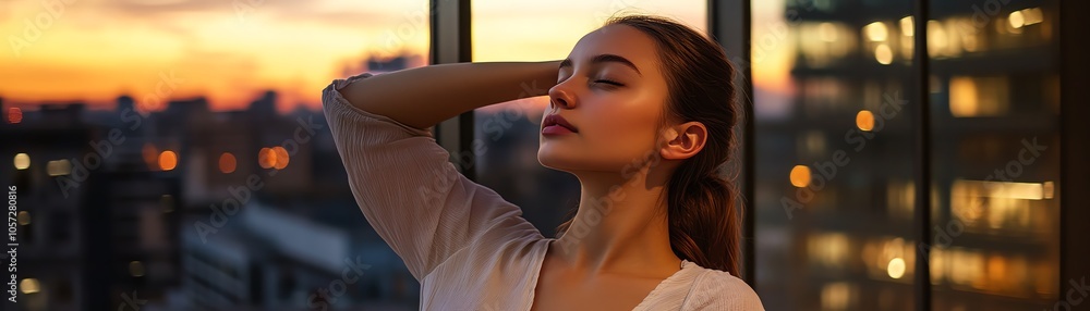 Fototapeta premium Relaxed woman enjoying sunset view indoors