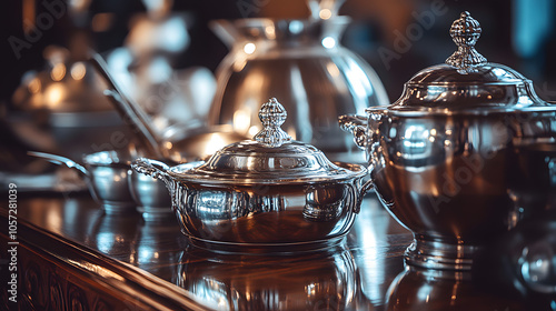 Dining Luxury: An Elegant Collection of Silver Cookware Exhibited on a Polished Wooden Table