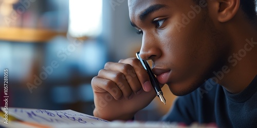 Thoughtful young man studying with pen in hand photo