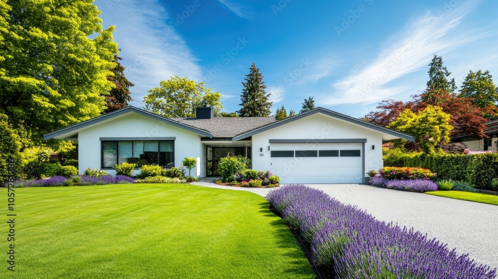 Modern Home Surrounded by Lush Greenery and Flowers Modern Home Surrounded by Lush Greenery and Flowers