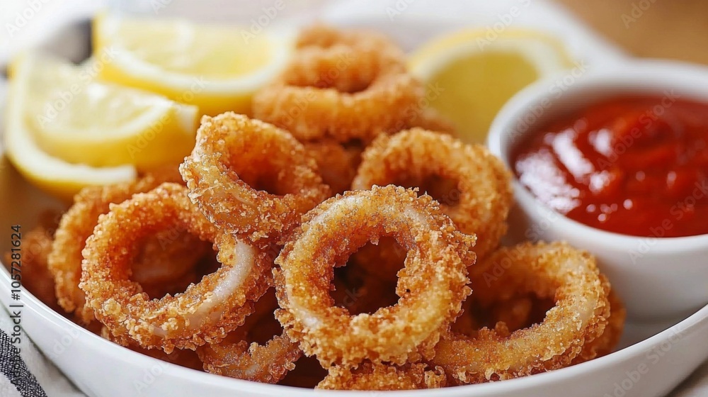Golden, crispy fried calamari served with lemon wedges and marinara dipping sauce Golden, crispy fried calamari served with lemon wedges and marinara dipping sauce