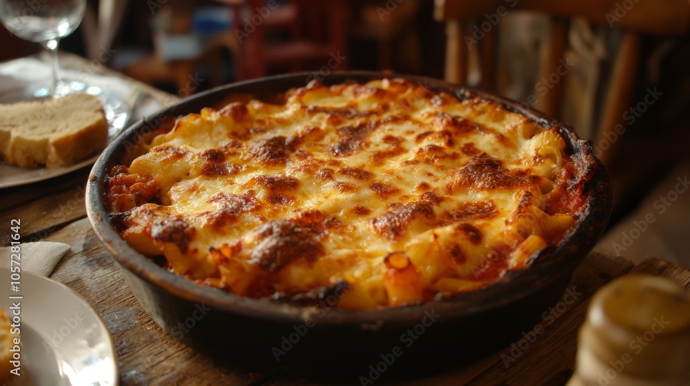 Pasta al forno baked pasta with melted cheese, rich tomato sauce, and crispy edges, served on a rustic table Pasta al forno baked pasta with melted cheese, rich tomato sauce, and crispy edges, served on a rustic table
