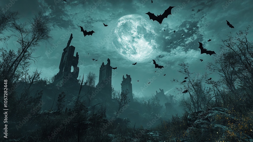 Dark Fantasy Halloween Background with Bats, Ruins, and Full Moon Lighting - AI generated illustration Dark Fantasy Halloween Background with Bats, Ruins, and Full Moon Lighting - AI generated illustration