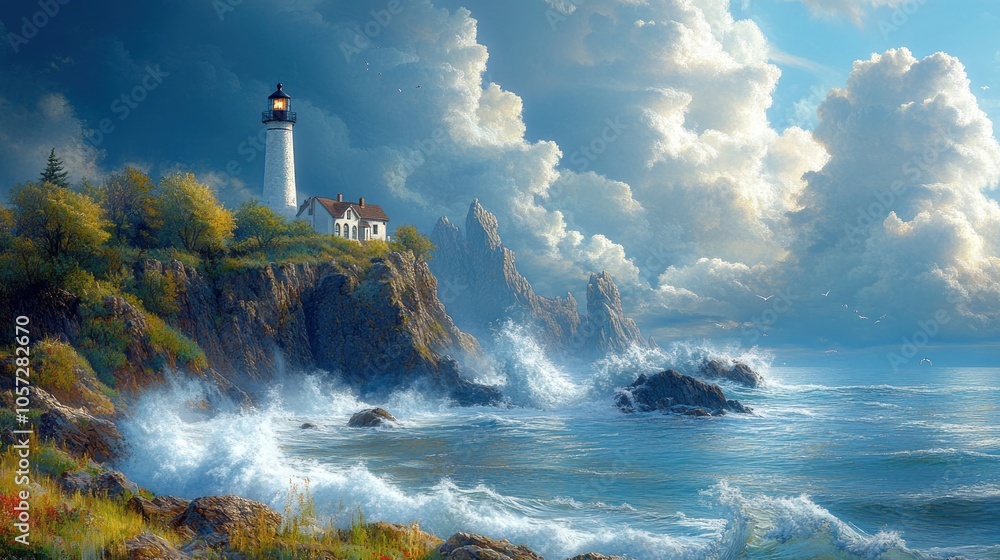 Scenic lighthouse on a rocky coast with dramatic waves and clouds. Scenic lighthouse on a rocky coast with dramatic waves and clouds.