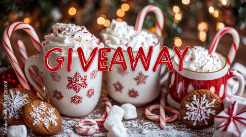 "GIVEAWAY" in bold red letters, set against a background of Christmas cookies, candy canes, and festive mugs of hot cocoa with whipped cream and marshmallows, warm and cozy lighting 