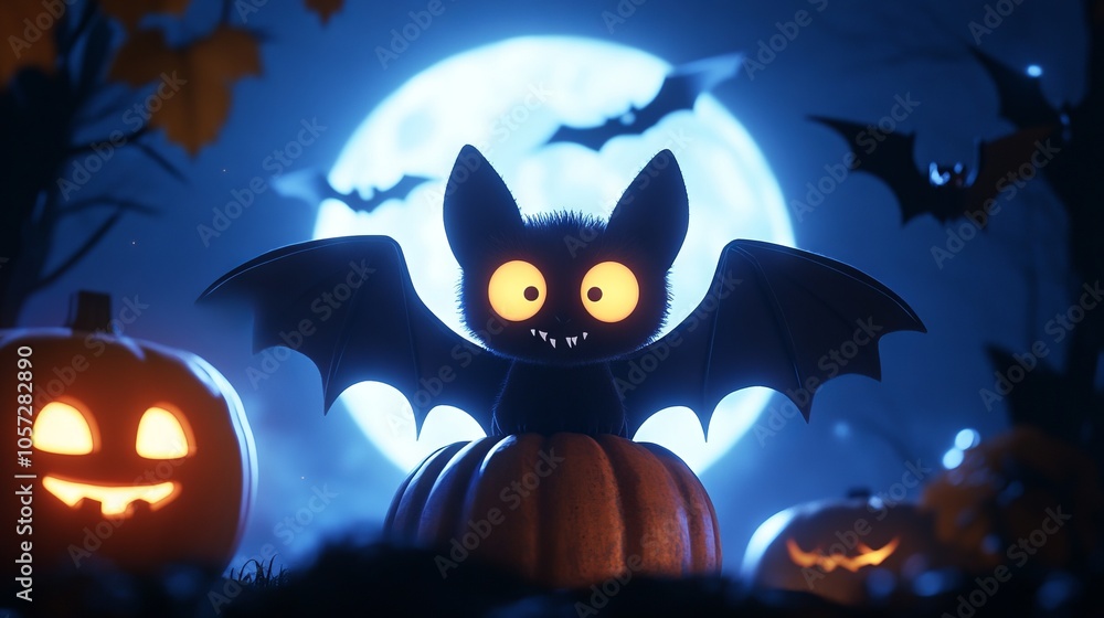 Cute Bat Silhouette with Glowing Eyes in a Spooky Halloween Scene - AI generated illustration. Cute Bat Silhouette with Glowing Eyes in a Spooky Halloween Scene - AI generated illustration.