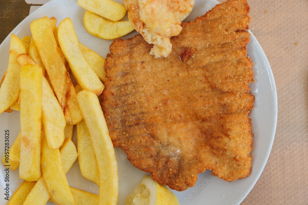 vista dettagliata da sopra di un piatto con una cotoletta di carne impanata accompagnata con delle patate fritte