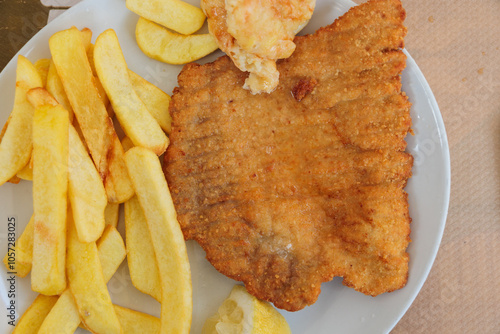 vista dettagliata da sopra di un piatto con una cotoletta di carne impanata accompagnata con delle patate fritte photo