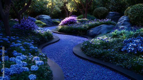 Peaceful Cobalt-Themed Garden Filled with Exotic Plants, Flowers, and Intricate Pathways photo