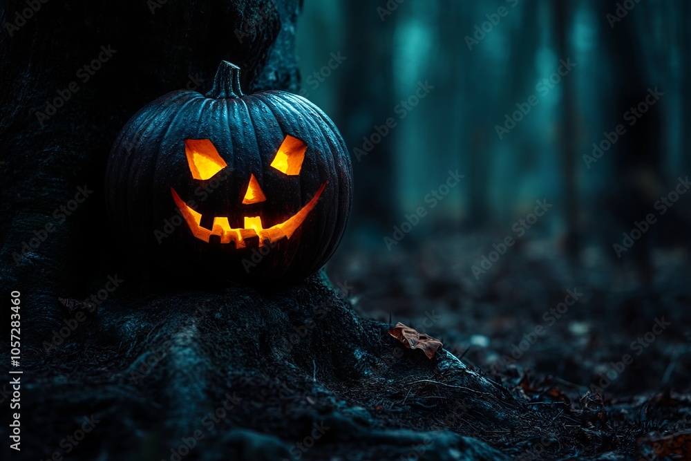 Naklejka premium Glowing Halloween Pumpkin on Old Tree in Dark Forest - AI generated illustration