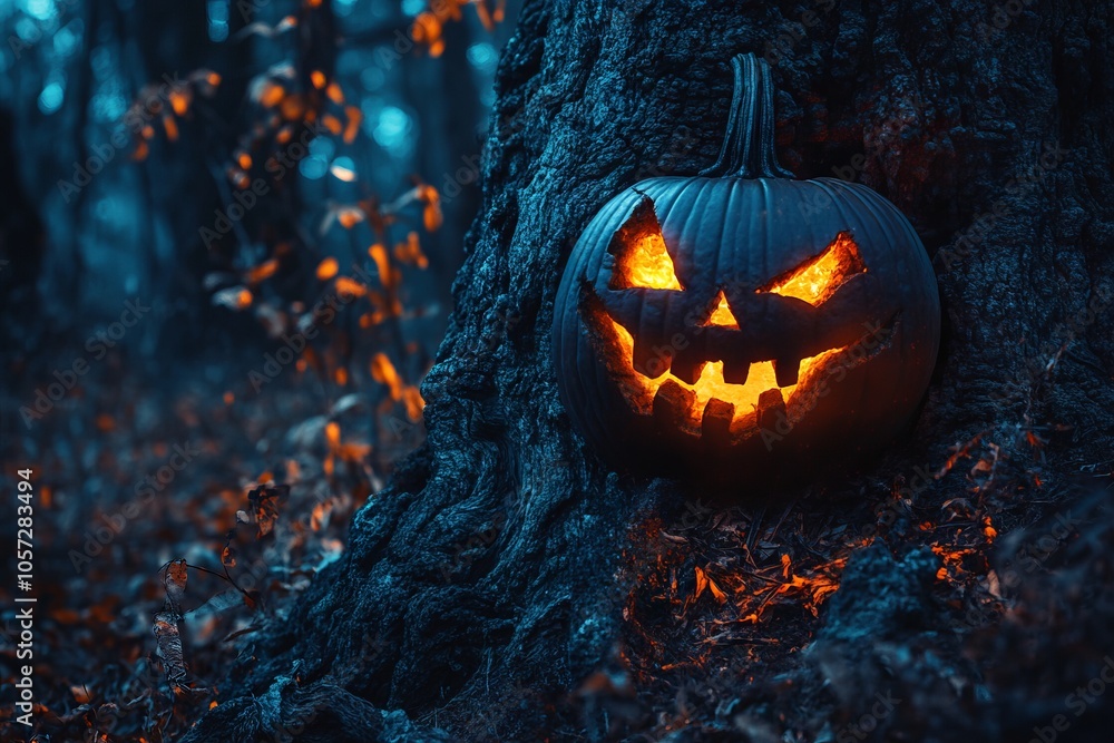 Glowing Halloween Pumpkin on Old Tree in Dark Forest - AI generated illustration Glowing Halloween Pumpkin on Old Tree in Dark Forest - AI generated illustration