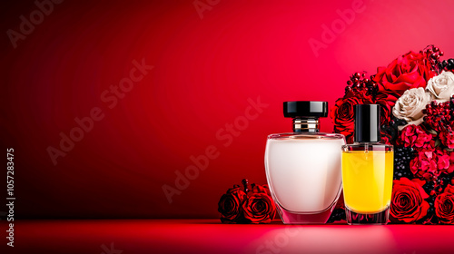 Elegant luxury perfume bottles adorned with intricate  detailing. Sophisticated fragrance packaging showcasing timeless beauty and refined opulence Brainstorming Advertising Marketing photo