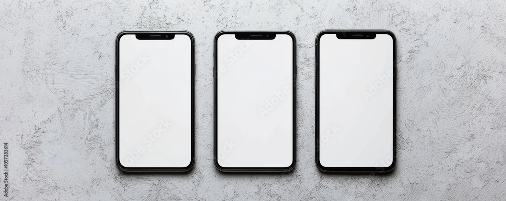 Three smartphones with blank screens on textured surface, showcasing modern design and technology Three smartphones with blank screens on textured surface, showcasing modern design and technology