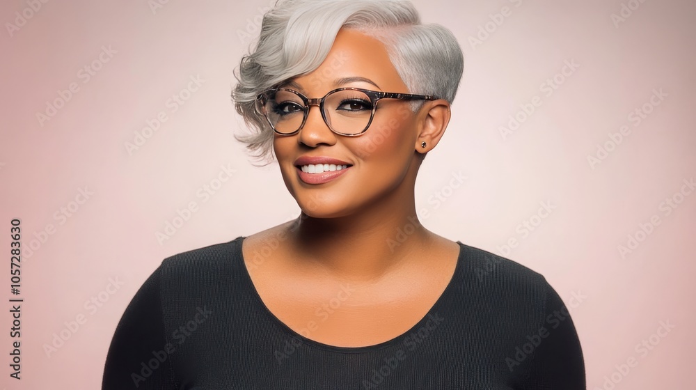 Portrait of a Confident Black Woman with Short Silver Hair and Glasses Smiling on a Pink Background Portrait of a Confident Black Woman with Short Silver Hair and Glasses Smiling on a Pink Background