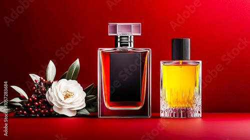 Elegant luxury perfume bottles adorned with intricate  detailing. Sophisticated fragrance packaging showcasing timeless beauty and refined opulence Brainstorming Advertising Marketing photo