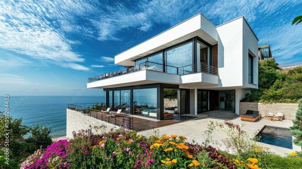 Fototapeta premium Modern Two-Storey House with Coastal View