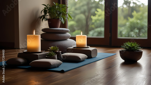 peaceful yoga environment featuring a variety of yoga tools photo