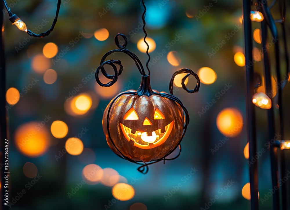 Halloween-Themed Ball with Carved Faces and LED Lights in City Park - AI generated illustration Halloween-Themed Ball with Carved Faces and LED Lights in City Park - AI generated illustration