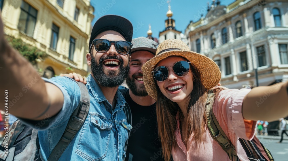 Joyful tourists capturing a selfie with a historic building in the background Joyful tourists capturing a selfie with a historic building in the background