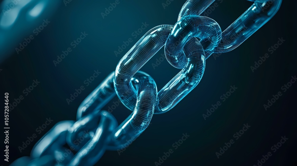 The image is a close-up of a blue chain made of wire mesh links. A wire mesh chain, its links interlocked, glows faintly in the blue light. The image is a close-up of a blue chain made of wire mesh links. A wire mesh chain, its links interlocked, glows faintly in the blue light.