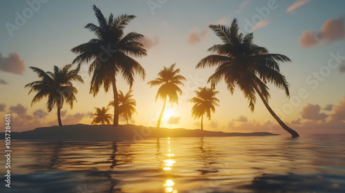 An Enchanting Sunset Over a Remote Island Beach with Golden Sand and Swaying Palm Trees