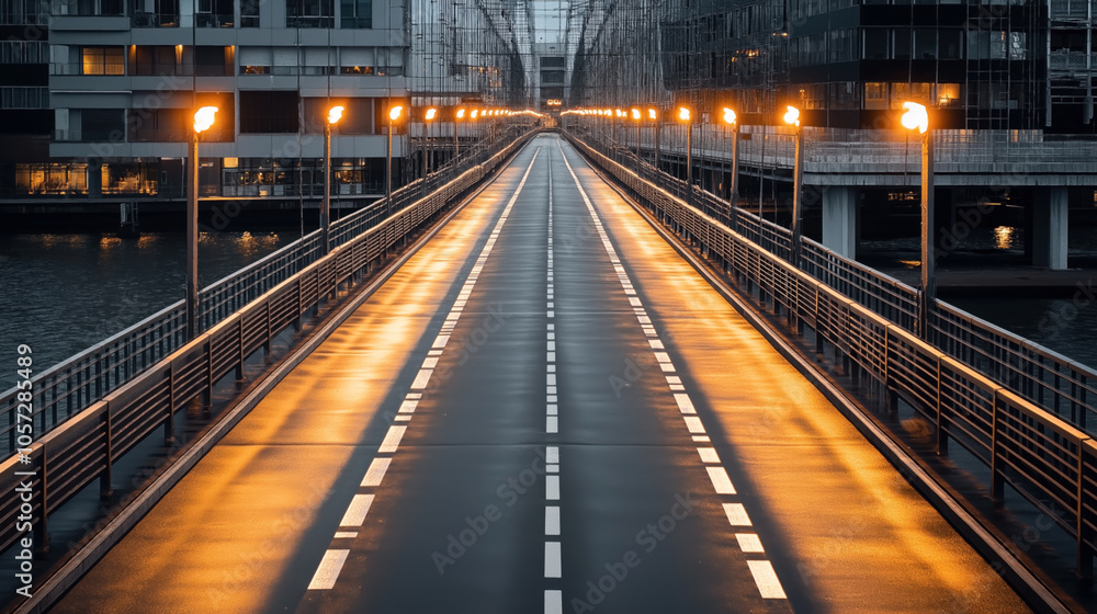 Empty illuminated bridge at dawn with warm streetlights reflecting on wet pavement surrounded by modern buildings and river Empty illuminated bridge at dawn with warm streetlights reflecting on wet pavement surrounded by modern buildings and river