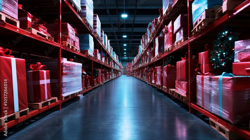 A wide warehouse space is packed with towering shelves of neatly wrapped presents in every color, radiating the excitement of Christmas and the magic of holiday gifting. A wide warehouse space is packed with towering shelves of neatly wrapped presents in every color, radiating the excitement of Christmas and the magic of holiday gifting.