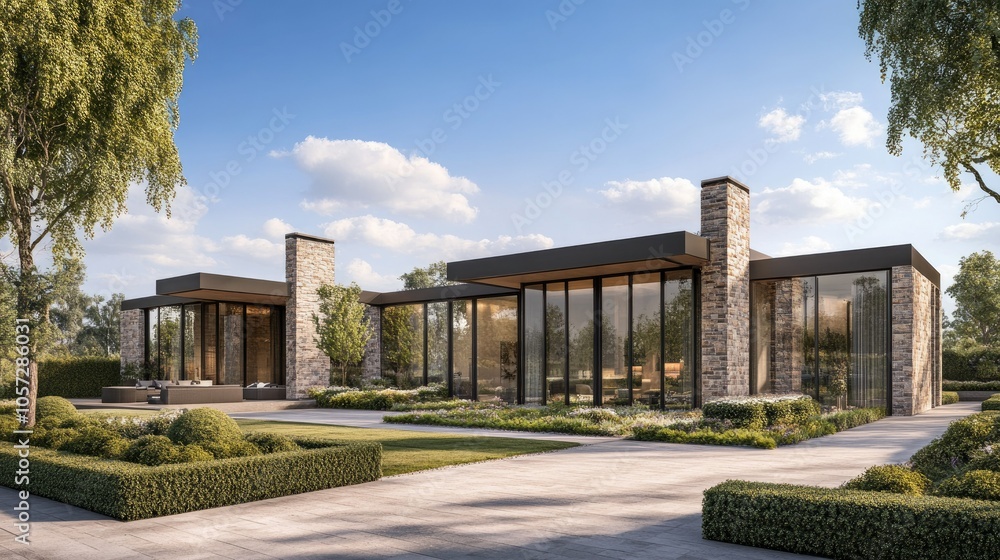 Fototapeta premium Modern Serene Home Surrounded by Lush Landscape