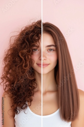 Transformative Hairstyle: Curly to Straight Hair Makeover on Young Woman with Soft Pink Background