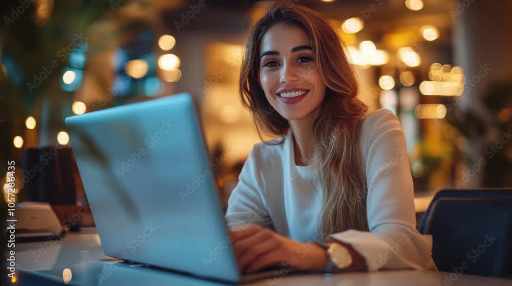 Fototapeta premium Professional receptionist at a luxury hotel, using a computer at the front desk, exuding warmth