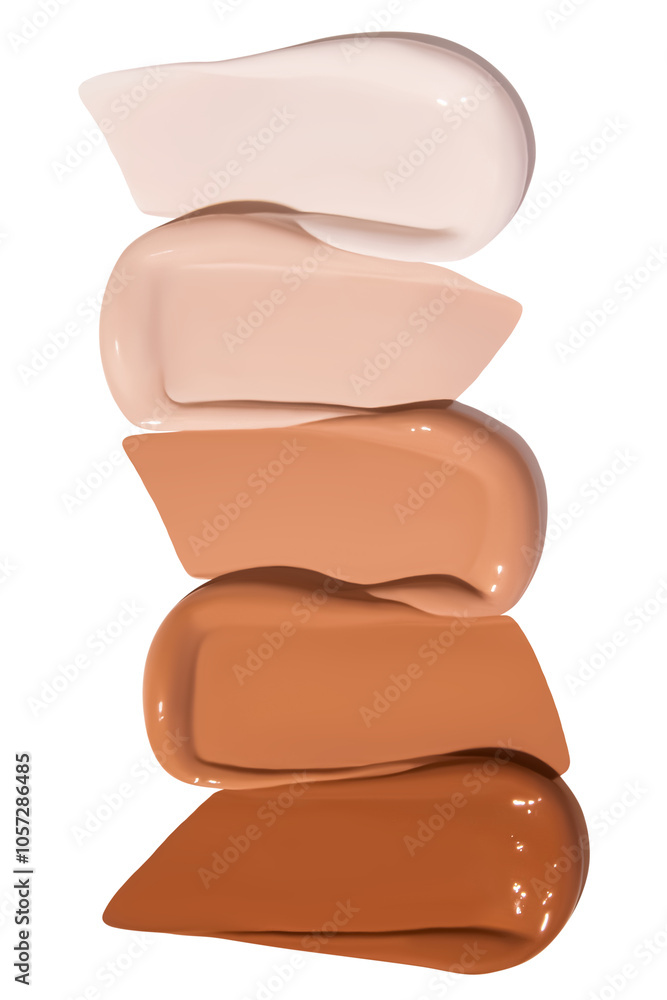 Composition of foundation cream smears in various shades on an empty background. Makeup product, smooth and blendable textures.